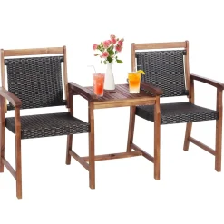 Acacia Wood Garden Bench, Patiojoy Rattan Companion Loveseat Chair with Coffee Table and Parasol Hole