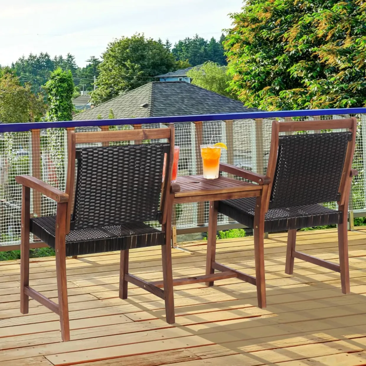 Acacia Wood Garden Bench, Patiojoy Rattan Companion Loveseat Chair with Coffee Table and Parasol Hole