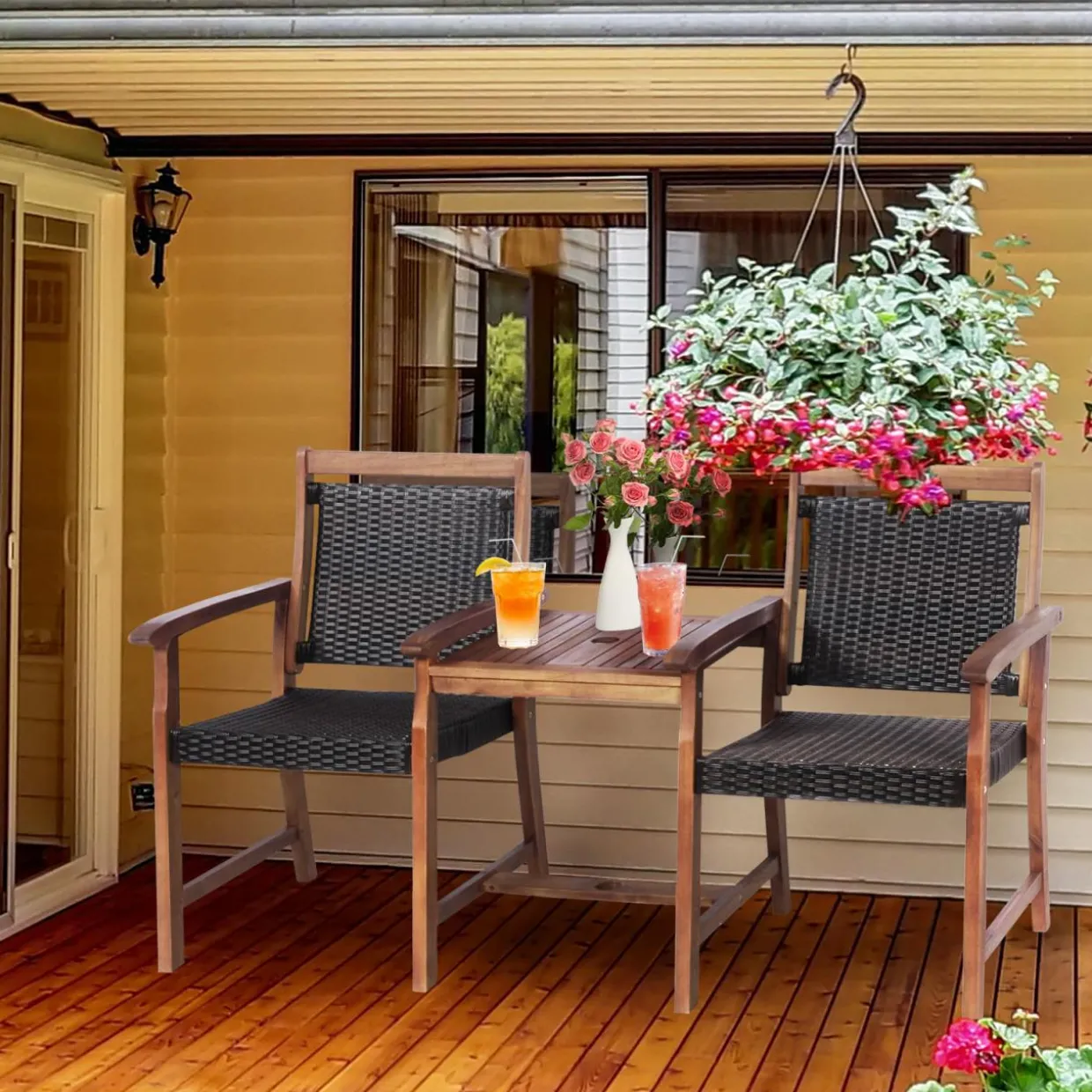 Acacia Wood Garden Bench, Patiojoy Rattan Companion Loveseat Chair with Coffee Table and Parasol Hole