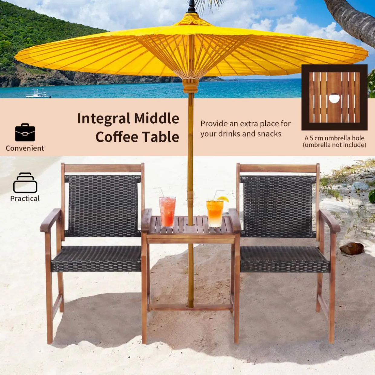 Acacia Wood Garden Bench, Patiojoy Rattan Companion Loveseat Chair with Coffee Table and Parasol Hole