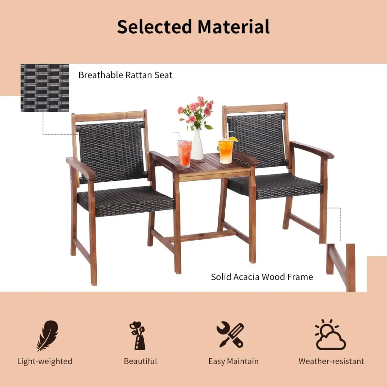 Acacia Wood Garden Bench, Patiojoy Rattan Companion Loveseat Chair with Coffee Table and Parasol Hole