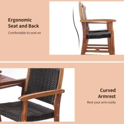 Acacia Wood Garden Bench, Patiojoy Rattan Companion Loveseat Chair with Coffee Table and Parasol Hole