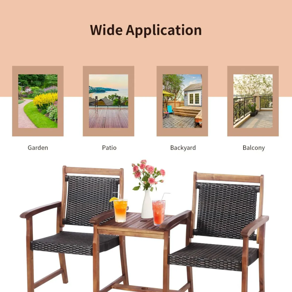 Acacia Wood Garden Bench, Patiojoy Rattan Companion Loveseat Chair with Coffee Table and Parasol Hole