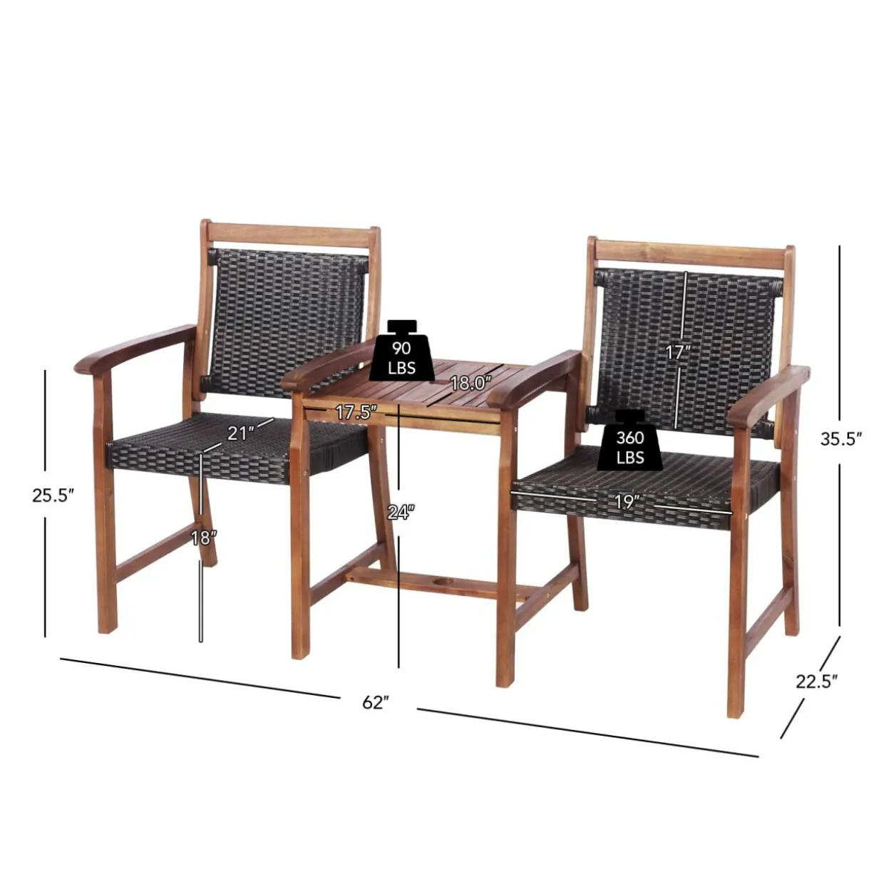 Acacia Wood Garden Bench, Patiojoy Rattan Companion Loveseat Chair with Coffee Table and Parasol Hole