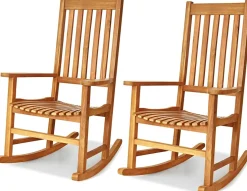 Acacia Wood Porch Rocking Chair, Wooden Rocking Chair Rocker with High Back & Armrest