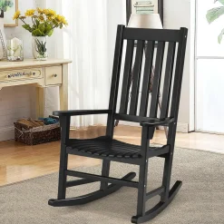 Acacia Wood Porch Rocking Chair, Wooden Rocking Chair Rocker with High Back & Armrest