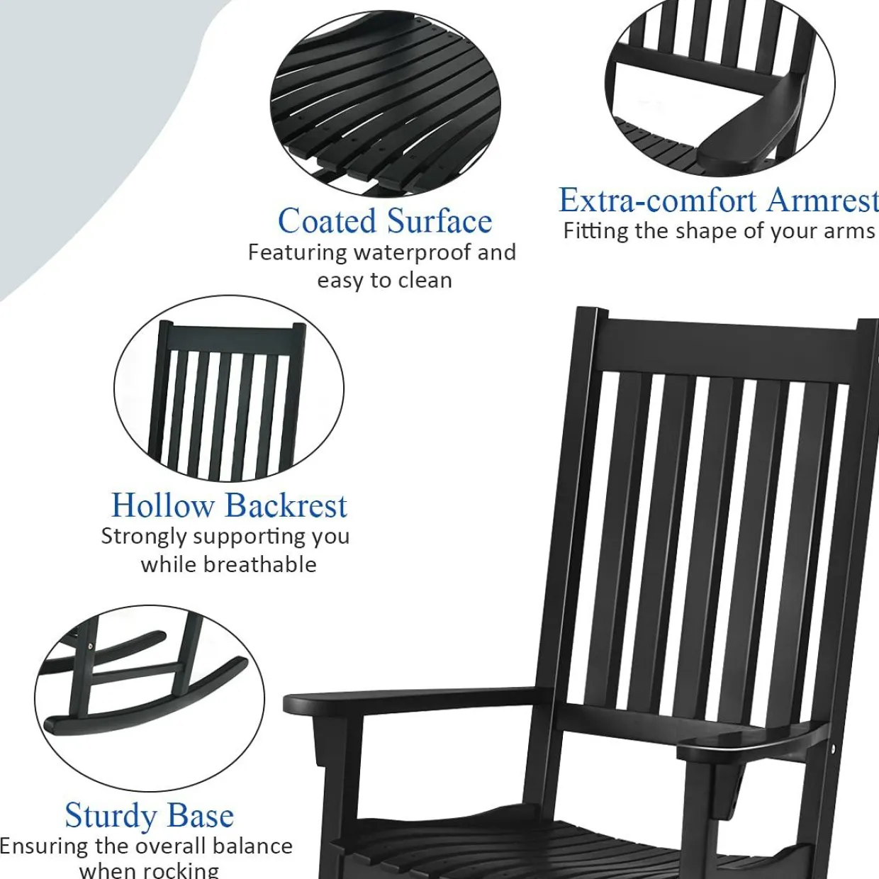 Acacia Wood Porch Rocking Chair, Wooden Rocking Chair Rocker with High Back & Armrest