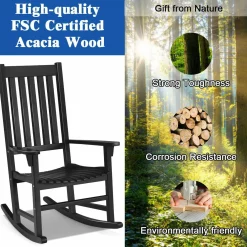 Acacia Wood Porch Rocking Chair, Wooden Rocking Chair Rocker with High Back & Armrest