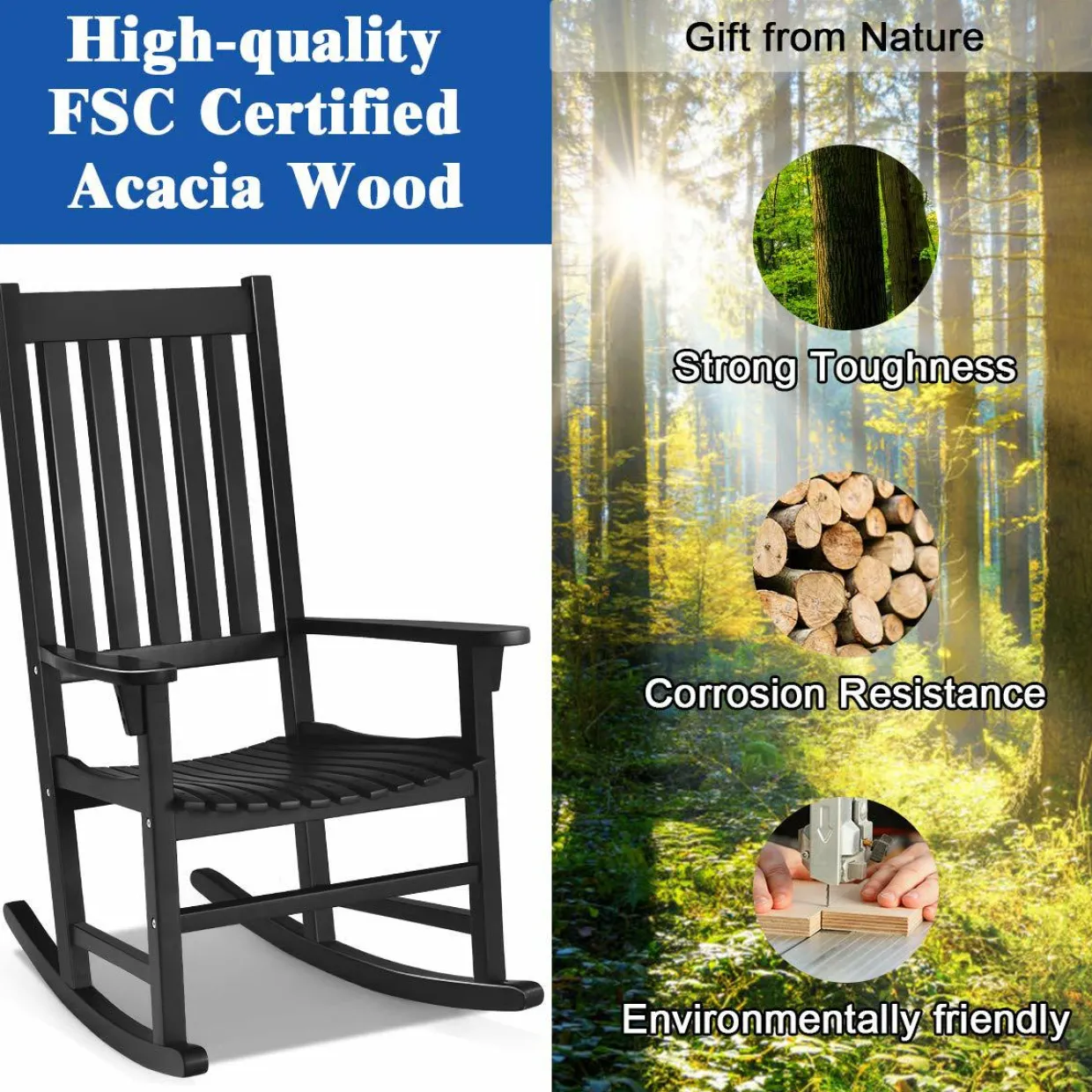Acacia Wood Porch Rocking Chair, Wooden Rocking Chair Rocker with High Back & Armrest