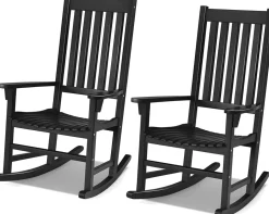 Acacia Wood Porch Rocking Chair, Wooden Rocking Chair Rocker with High Back & Armrest