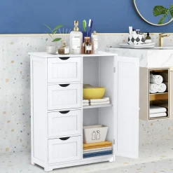 Bathroom Floor Cabinet, Free Standing Storage Cabinet with 4 Drawers & Single Door, 22 x 12 x 32 Inches