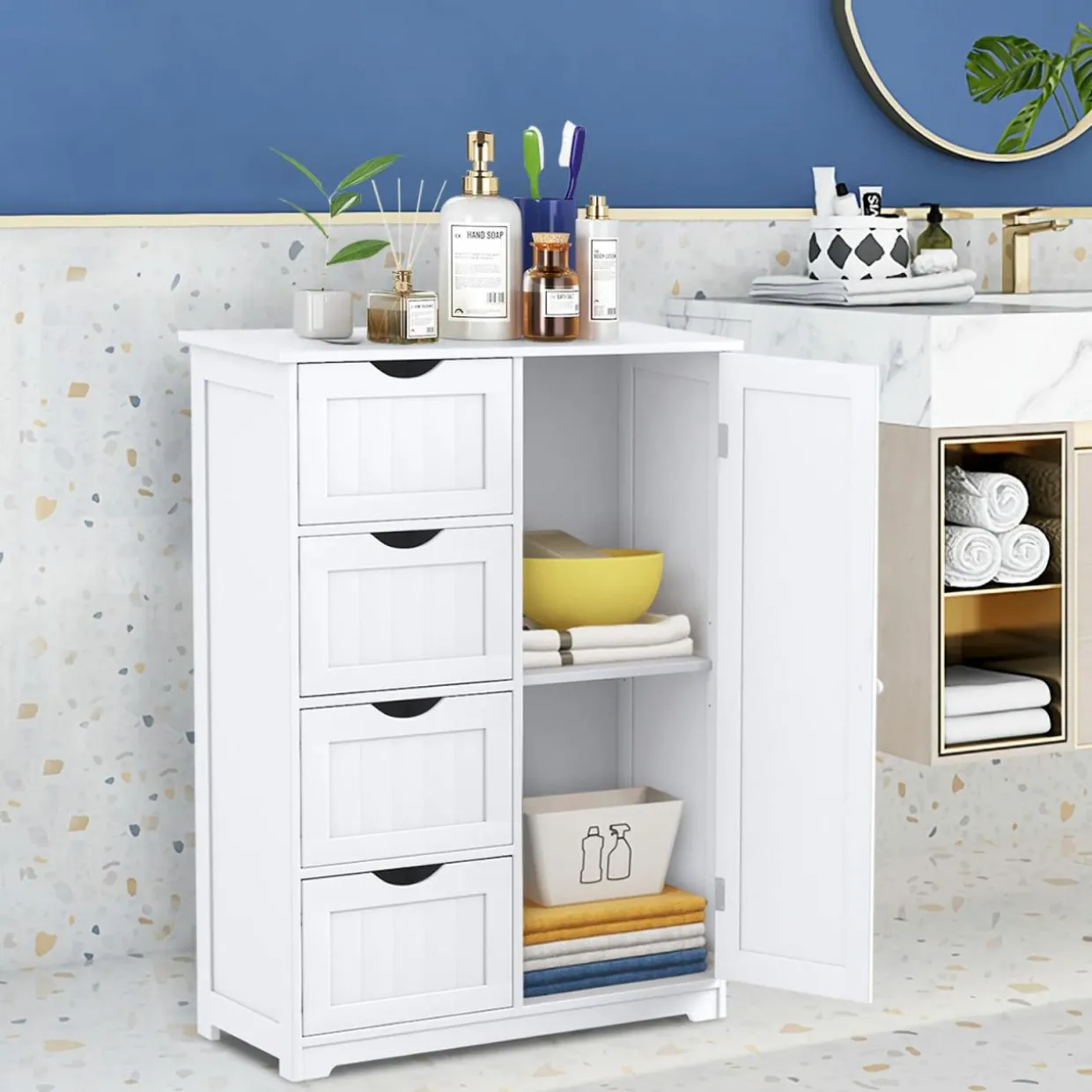 Bathroom Floor Cabinet, Free Standing Storage Cabinet with 4 Drawers & Single Door, 22 x 12 x 32 Inches