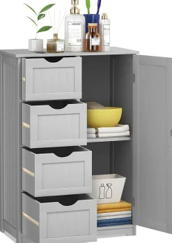 Bathroom Floor Cabinet, Free Standing Storage Cabinet with 4 Drawers & Single Door, 22 x 12 x 32 Inches