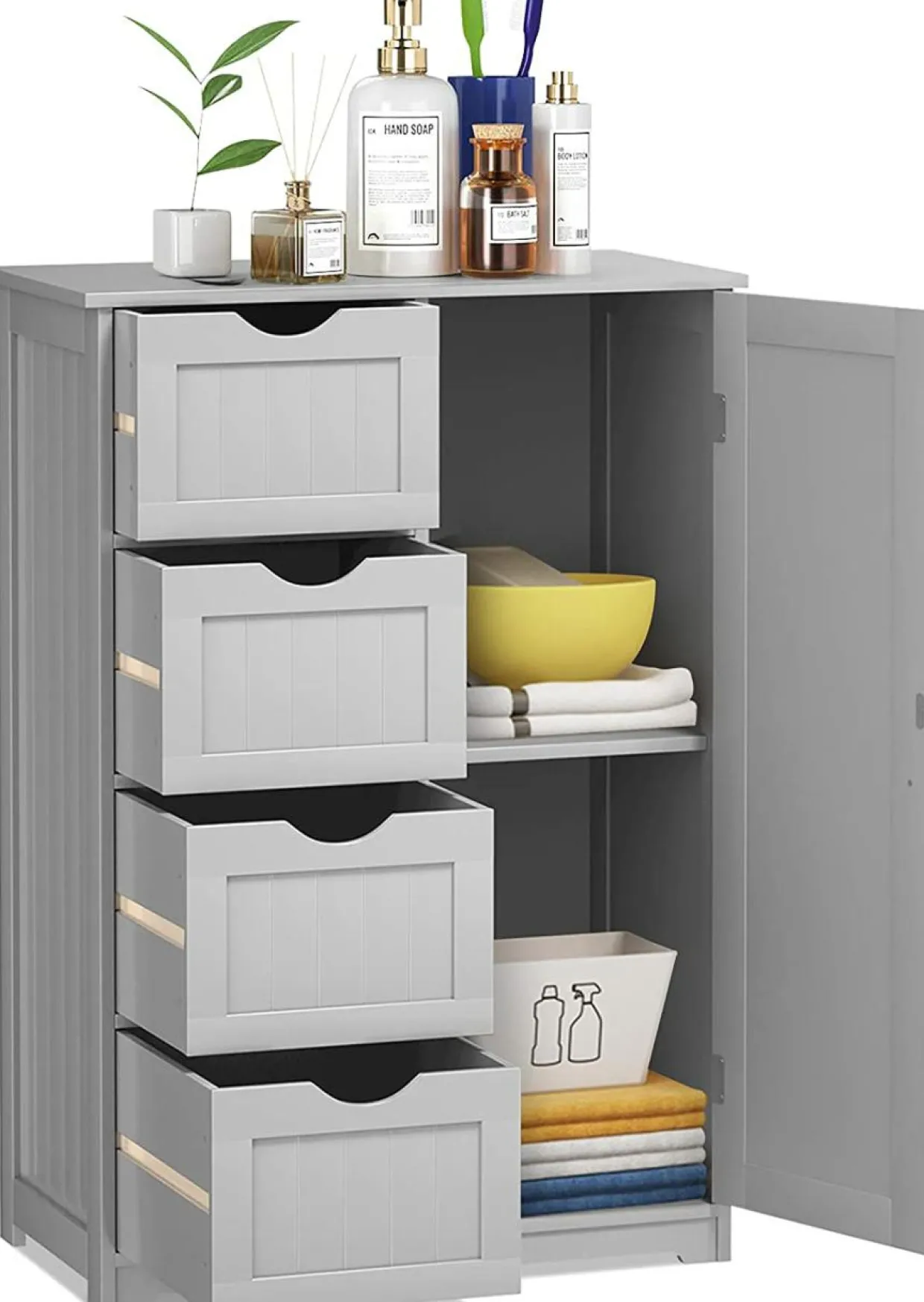 Bathroom Floor Cabinet, Free Standing Storage Cabinet with 4 Drawers & Single Door, 22 x 12 x 32 Inches