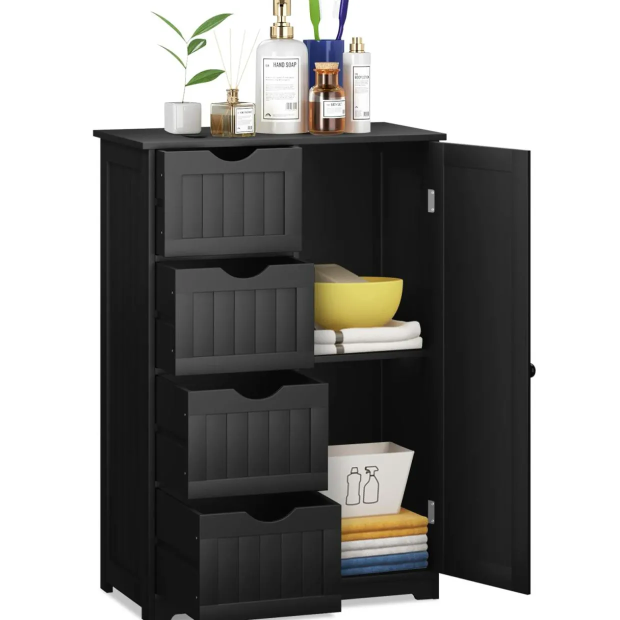 Bathroom Floor Cabinet, Free Standing Storage Cabinet with 4 Drawers & Single Door, 22 x 12 x 32 Inches