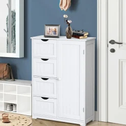 Bathroom Floor Cabinet, Free Standing Storage Cabinet with 4 Drawers & Single Door, 22 x 12 x 32 Inches