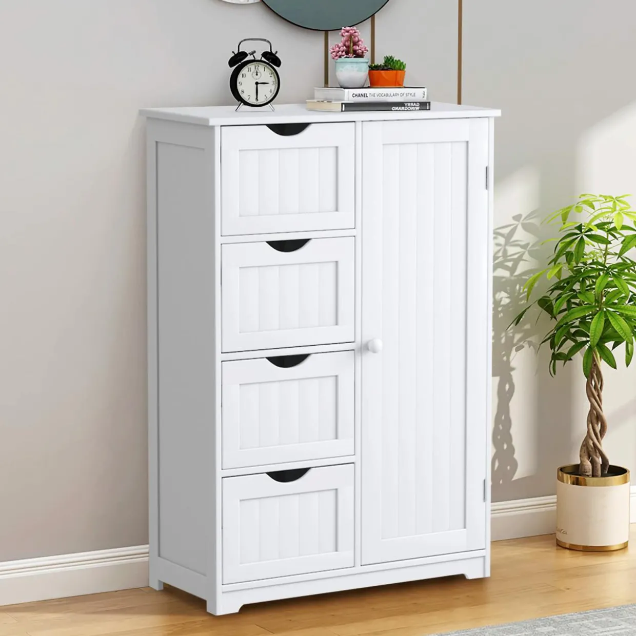Bathroom Floor Cabinet, Free Standing Storage Cabinet with 4 Drawers & Single Door, 22 x 12 x 32 Inches