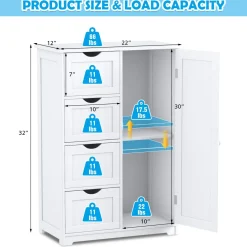 Bathroom Floor Cabinet, Free Standing Storage Cabinet with 4 Drawers & Single Door, 22 x 12 x 32 Inches