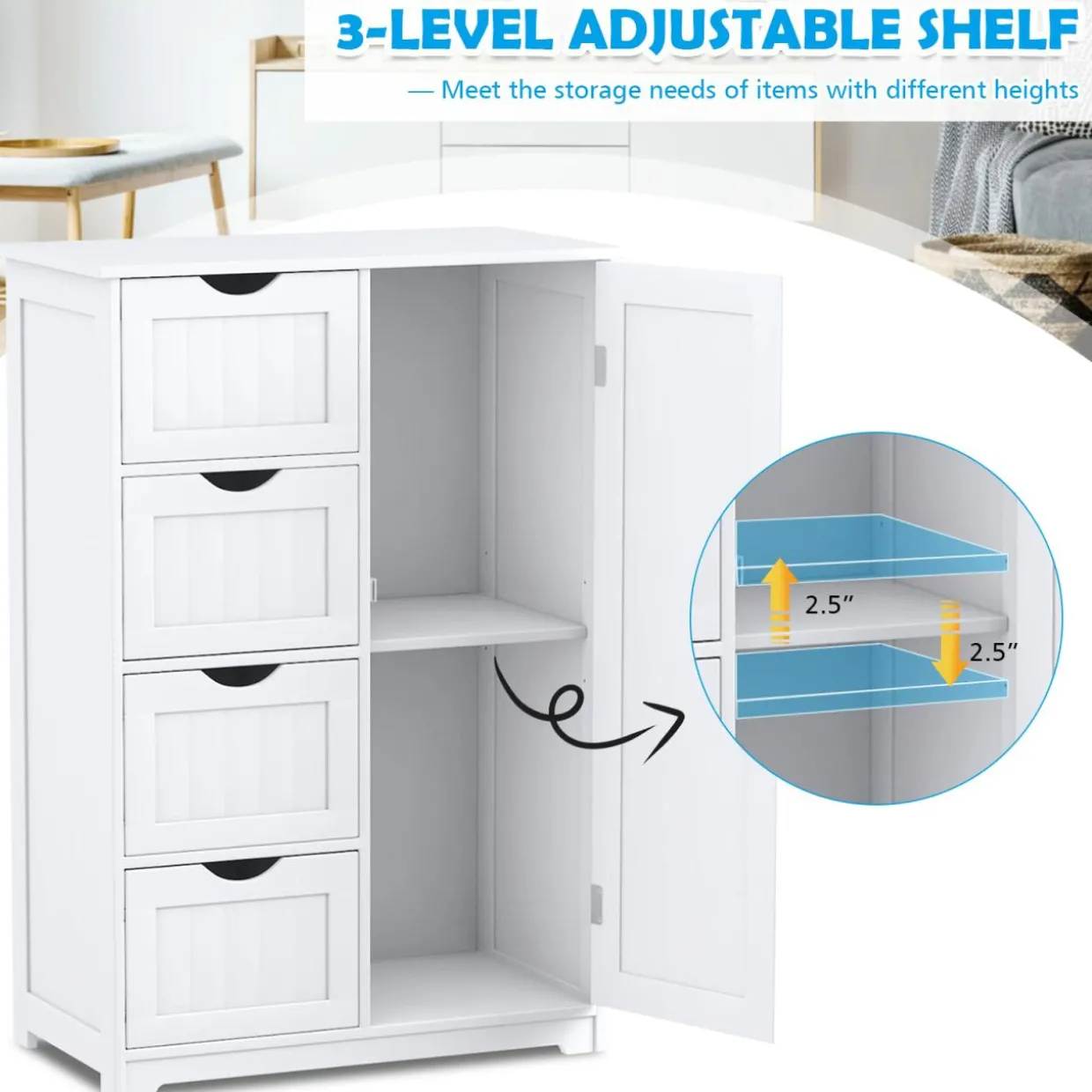 Bathroom Floor Cabinet, Free Standing Storage Cabinet with 4 Drawers & Single Door, 22 x 12 x 32 Inches