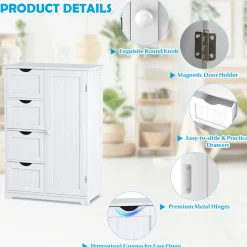 Bathroom Floor Cabinet, Free Standing Storage Cabinet with 4 Drawers & Single Door, 22 x 12 x 32 Inches