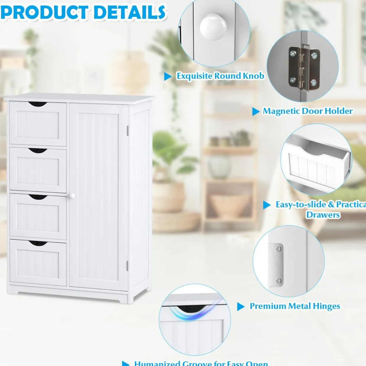 Bathroom Floor Cabinet, Free Standing Storage Cabinet with 4 Drawers & Single Door, 22 x 12 x 32 Inches
