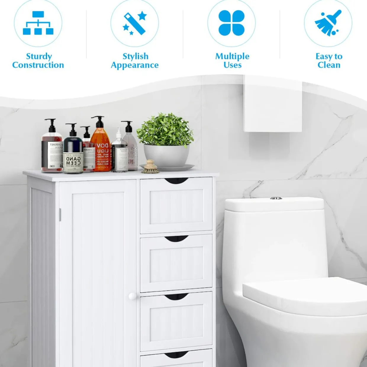 Bathroom Floor Cabinet, Free Standing Storage Cabinet with 4 Drawers & Single Door, 22 x 12 x 32 Inches