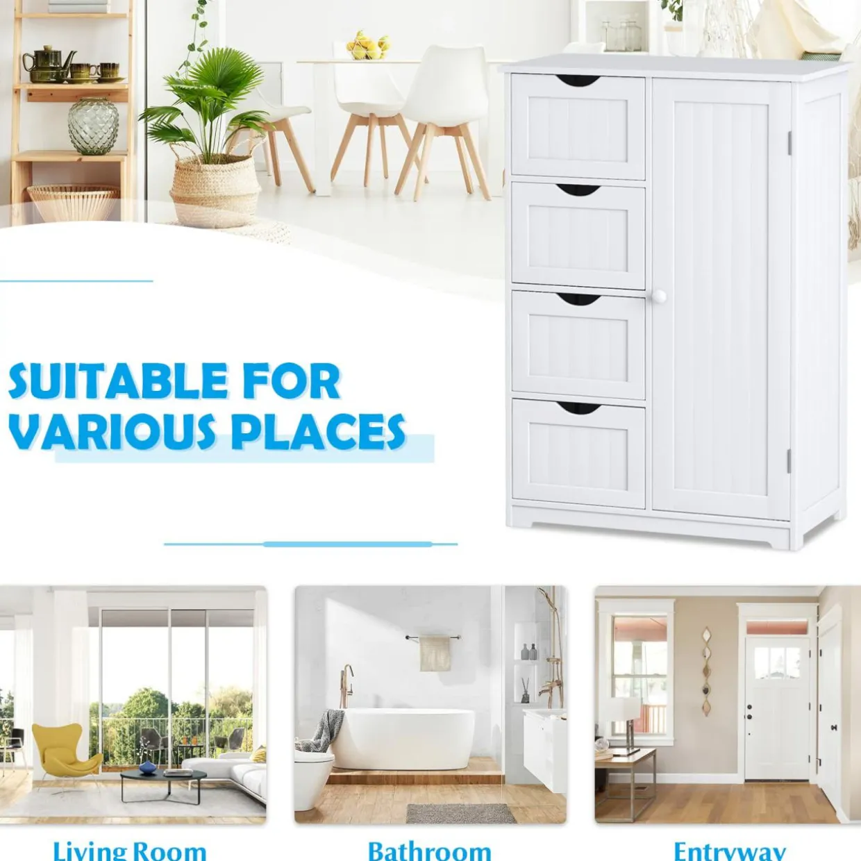Bathroom Floor Cabinet, Free Standing Storage Cabinet with 4 Drawers & Single Door, 22 x 12 x 32 Inches