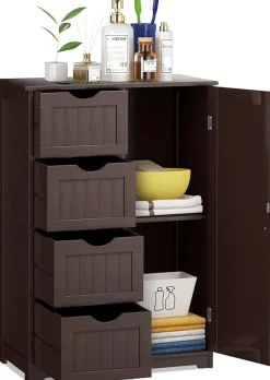 Bathroom Floor Cabinet, Free Standing Storage Cabinet with 4 Drawers & Single Door, 22 x 12 x 32 Inches