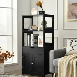 Bathroom Floor Cabinet with Drawer, 2 Open Shelves and Door Cupboard