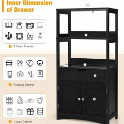 Bathroom Floor Cabinet with Drawer, 2 Open Shelves and Door Cupboard