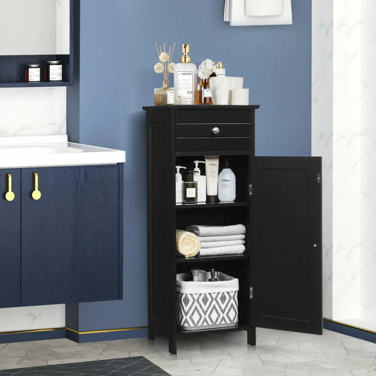 Bathroom Floor Cabinet, Wooden Side Storage Organizer Unit