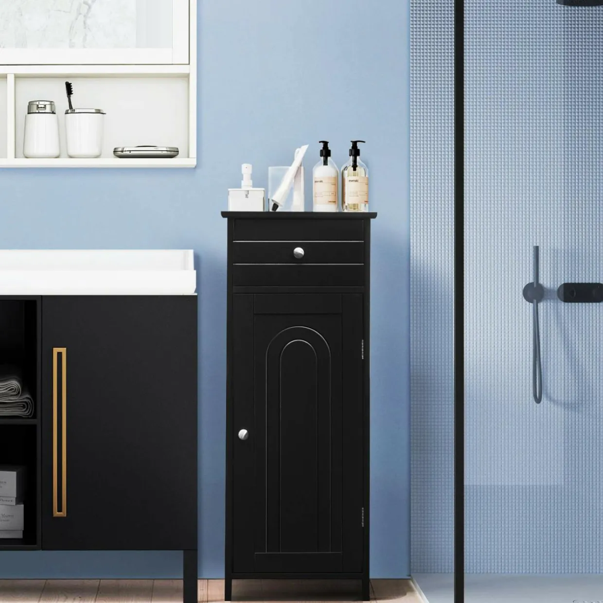 Bathroom Floor Cabinet, Wooden Side Storage Organizer Unit
