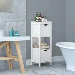 Bathroom Floor Cabinet, Wooden Storage Cabinet w/2 Adjustable Drawers