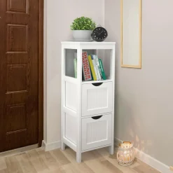 Bathroom Floor Cabinet, Wooden Storage Cabinet w/2 Adjustable Drawers