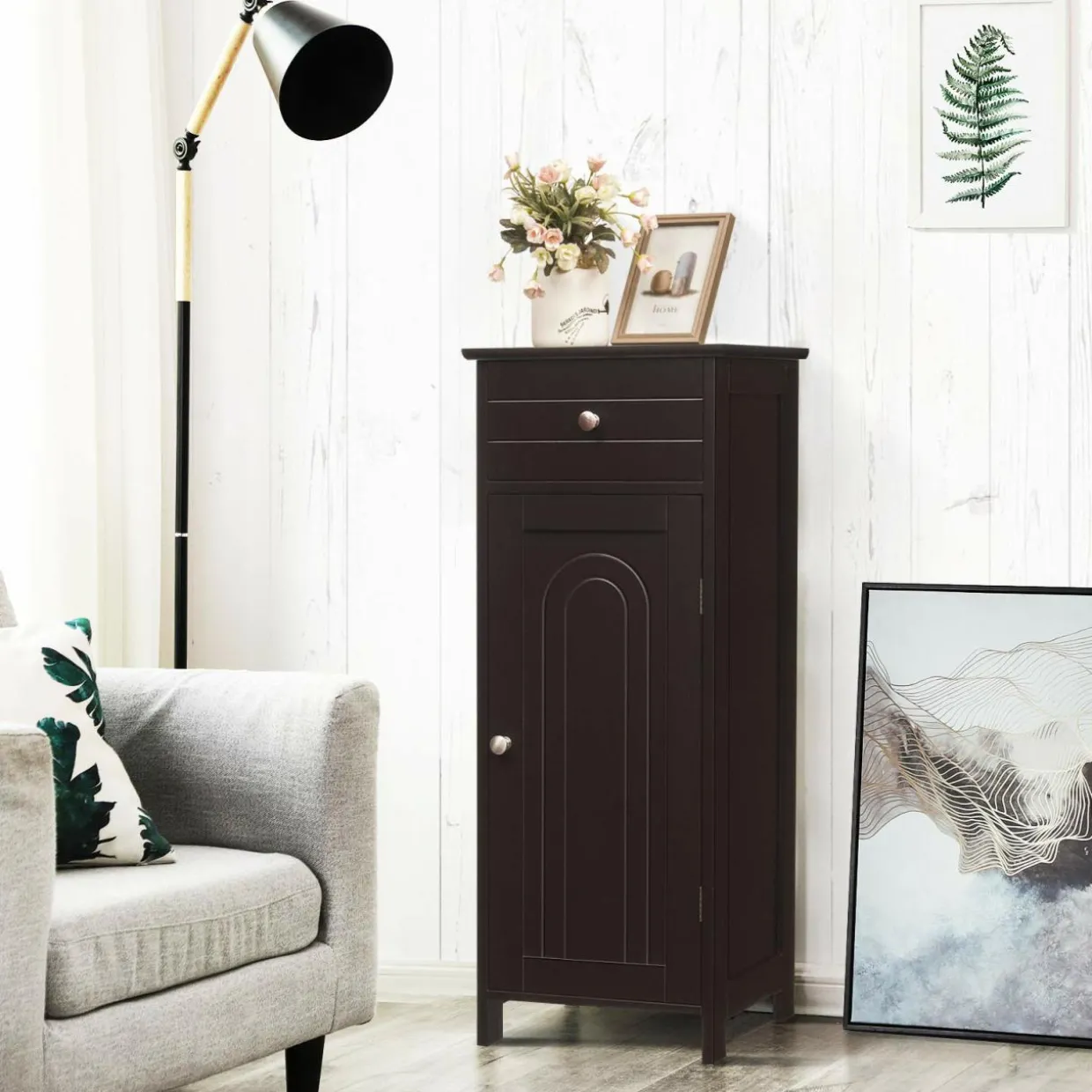 Bathroom Floor Cabinet, Wooden Side Storage Organizer Unit
