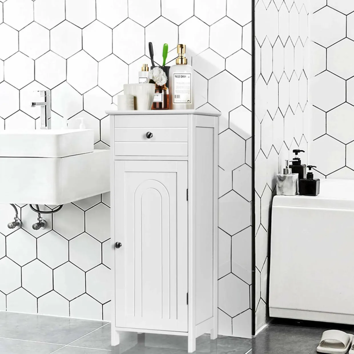 Bathroom Floor Cabinet, Wooden Side Storage Organizer Unit