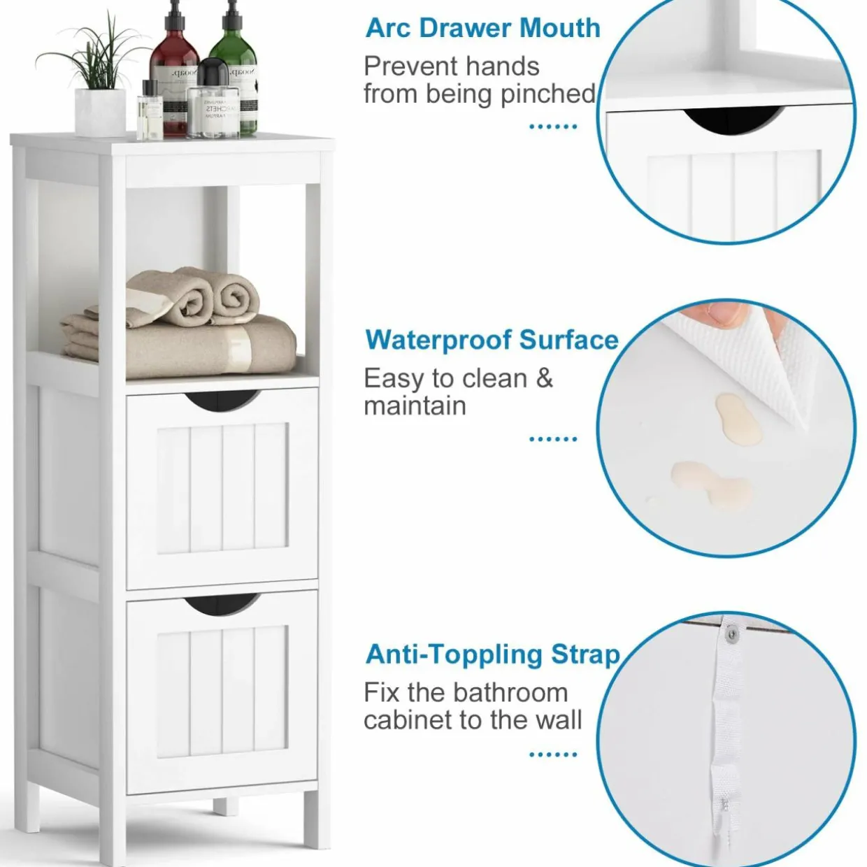 Bathroom Floor Cabinet, Wooden Storage Cabinet w/2 Adjustable Drawers