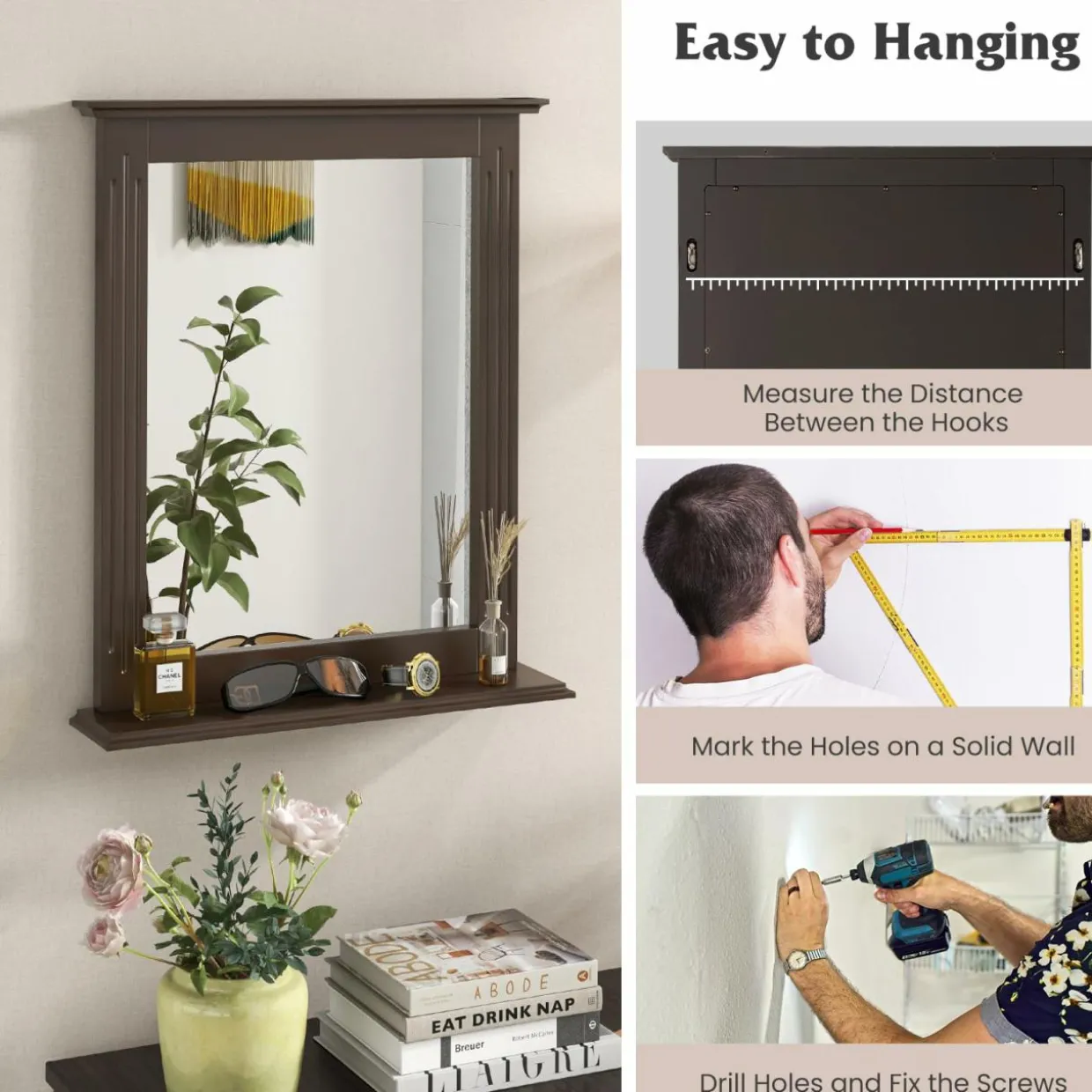 Bathroom Wall Mirror with Shelf, Square Makeup Mirror Wall Hanging Mirror