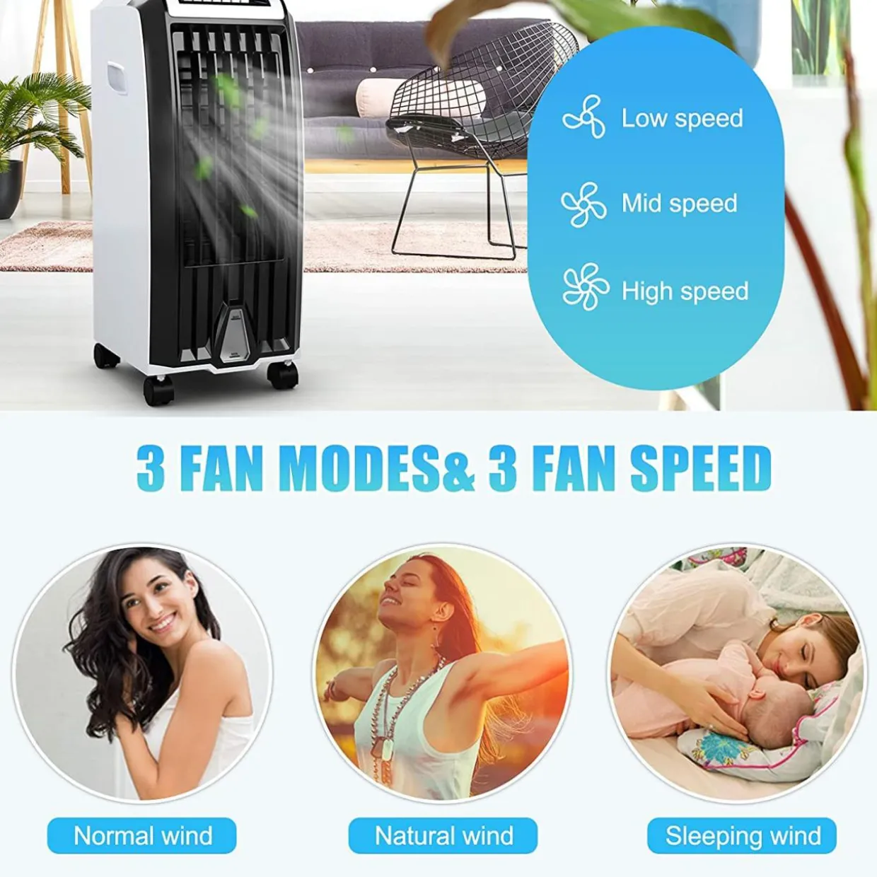 Bladeless Air Cooling Fan with Remote Control, 3 Modes