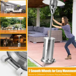 48,000 BTU Outdoor Patio Heater with Wheels, Stainless Steel Propane Heater with Tip-Over & Flameout Protection