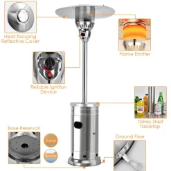 48,000 BTU Outdoor Patio Heater with Wheels, Stainless Steel Propane Heater with Tip-Over & Flameout Protection