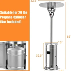 48,000 BTU Outdoor Patio Heater with Wheels, Stainless Steel Propane Heater with Tip-Over & Flameout Protection