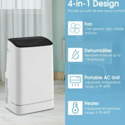 15000 BTU Portable Air Conditioner, with Heat, Auto Swing 4-in-1 AC Unit for Rooms up to 800 Sq.Ft, with Built-in Dehumidifier