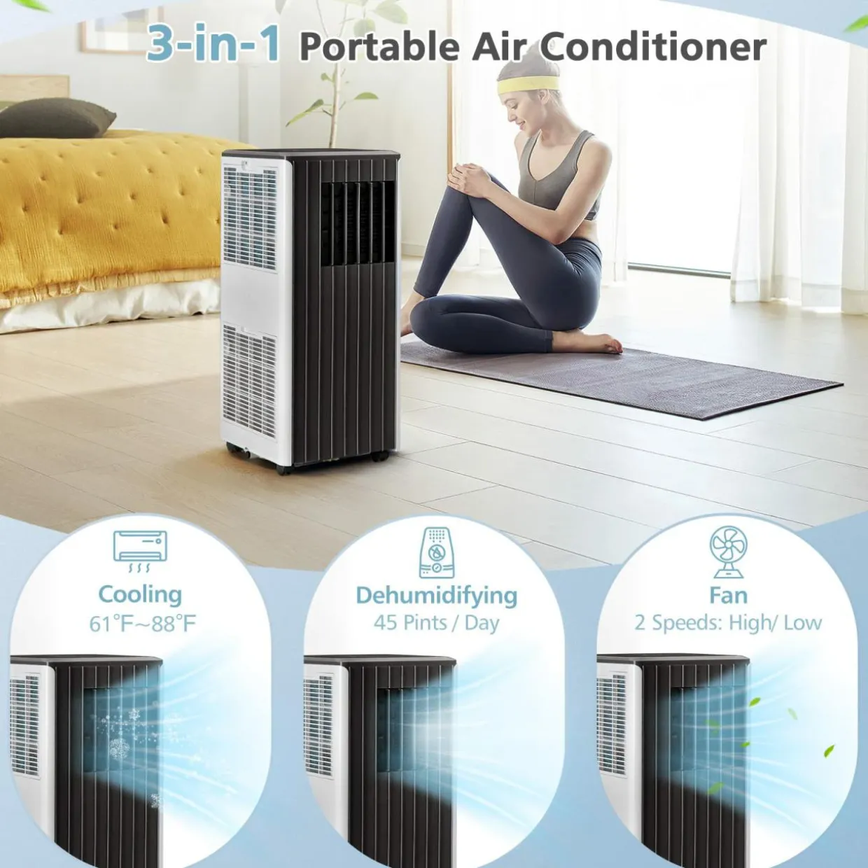 8000 BTU Portable Air Conditioner, 3-in-1 AC Cooling Unit with Remote Control, Dehumidifier & 24H Timer