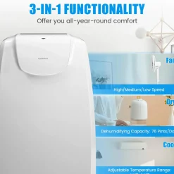 12000 BTU Portable Air Conditioner, with Dual Hose, Remote Control