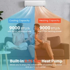 9000BTU Split Air Conditioner & Heater, 17 SEER2 208V-230V Energy Efficient Wall Mount AC Unit w/Heat Pump, Inverter System