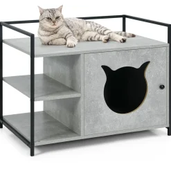 Cat Litter Box Enclosure, 2-in-1 Hidden Cat Washroom & Side Table W/ 2-Tier Storage Shelf