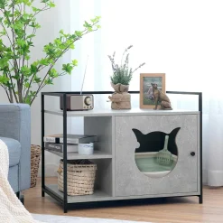 Cat Litter Box Enclosure, 2-in-1 Hidden Cat Washroom & Side Table W/ 2-Tier Storage Shelf