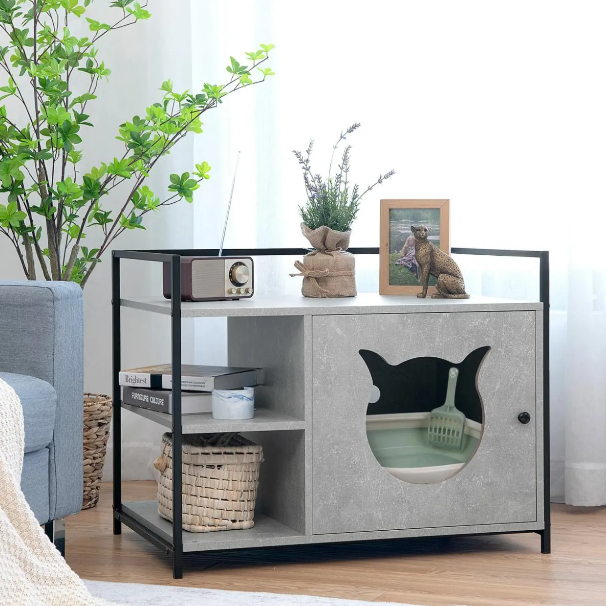 Cat Litter Box Enclosure, 2-in-1 Hidden Cat Washroom & Side Table W/ 2-Tier Storage Shelf