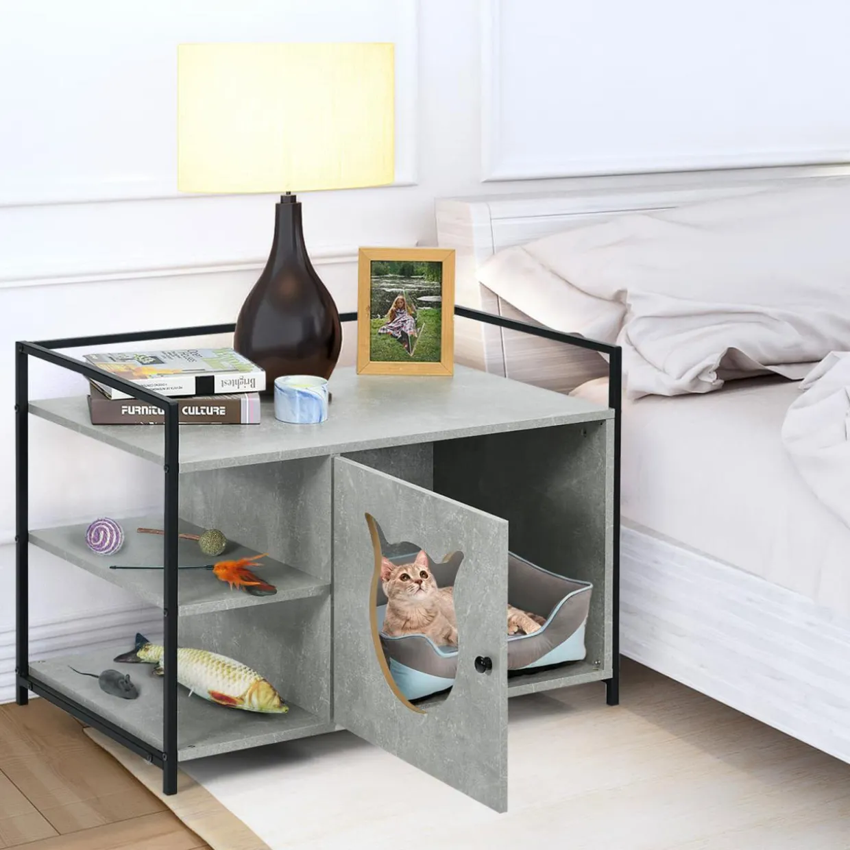 Cat Litter Box Enclosure, 2-in-1 Hidden Cat Washroom & Side Table W/ 2-Tier Storage Shelf